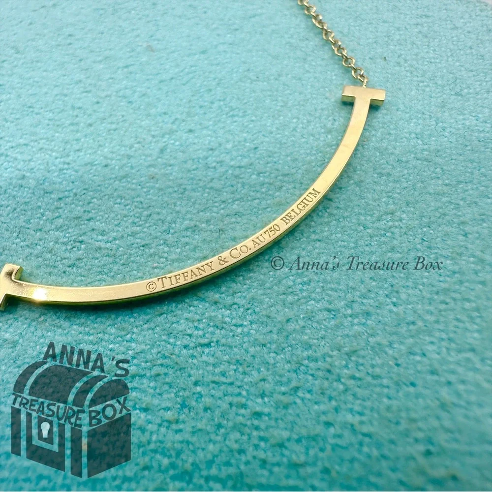 Tiffany & Co. 18K Yellow Gold SMALL T Smile Pendant w/Diamonds 16.5" Necklace - Picture 5 of 9